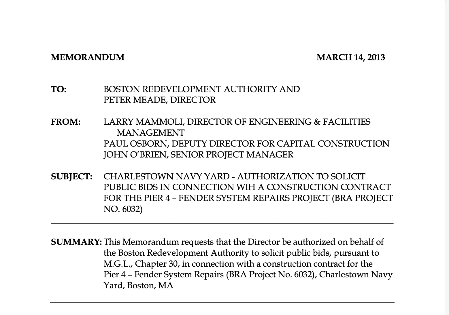 CONSTRUCTION CONTRACTFOR THE PIER 4 – FENDER SYSTEM REPAIRS PROJECT